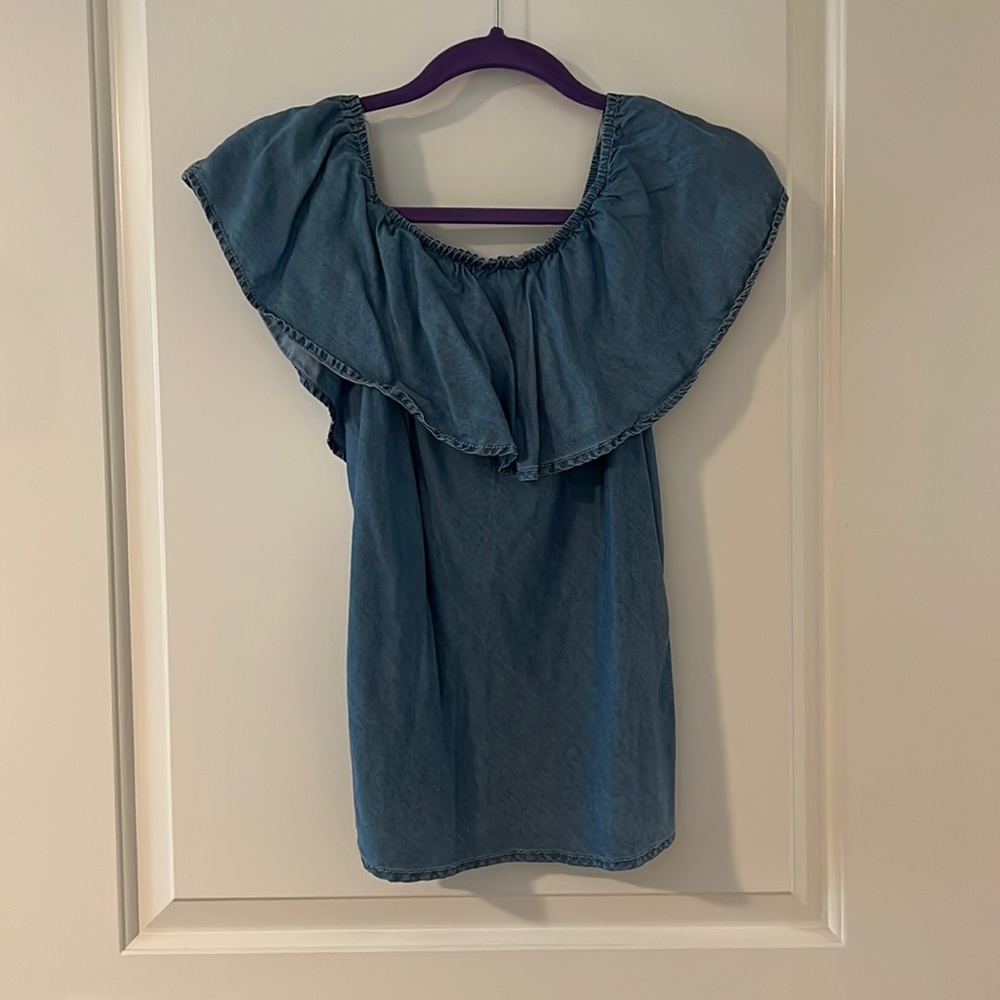 Chambray ruffle off the shoulder top